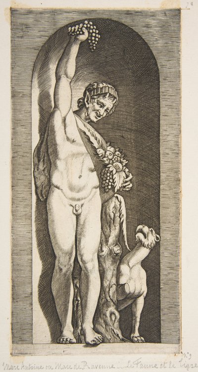 A Faun Standing in a Niche Holding Aloft a Bunch of Grapes with His Right Hand, ca. 1515-27 by Marco Dente