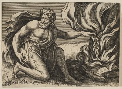 A Man Kneeling and Placing a Laurel Branch upon a Pile of Burning Books by Marco Dente