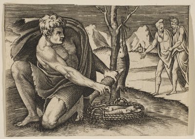A man kneeling next to a basket of fish and taking one with both hands, two men at..., ca. 1515-27 by Marco Dente