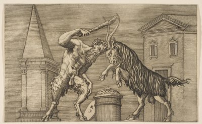 A satyr and a ram attacking each other, the satyr wielding a club by Marco Dente