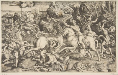 Battle scene in a landscape with soldiers on horseback and several fallen men, another... by Marco Dente