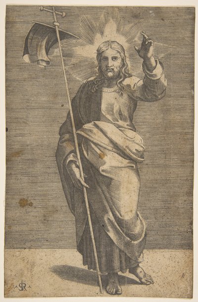Christ Standing Facing Forward, Holding a Cross with a Banner and Raising His Left Hand by Marco Dente