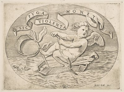 Eros Escaping by Sea, Cupid Using His Bow to Propel a Boat Made from His Quiver by Marco Dente