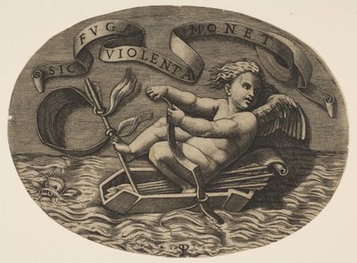 Eros Escaping by Sea Using His Bow to Propel a Boat Made from His Quiver by Marco Dente