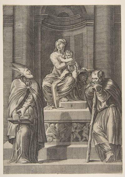 Saint Joseph and a Bishop before the Altar of the Virgin, ca. 1515-27 by Marco Dente