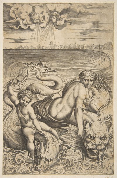 Venus and Cupid Riding Two Sea Monsters by Marco Dente