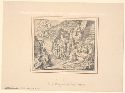 Allegorical Sheet with the Drunken Silenus and Other Mythological and Allegorical Figures by a Sarcophagus with the Inscription: "Sepulcrum pudicitiae mortae" by Marcus Tuscher
