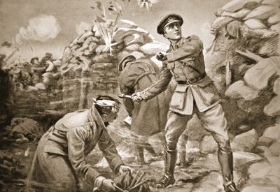 Captain Vickers holding the enemy at bay while a barrier was being built up behind him by Margaret Dovaston