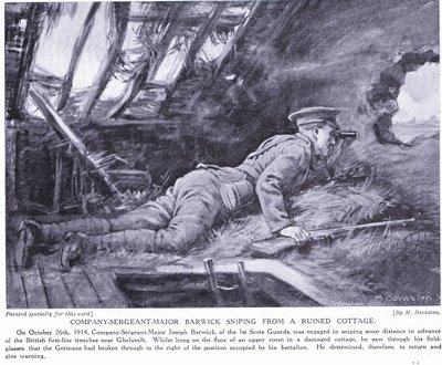 Company Sergeant Major Barwick sniping from a ruined cottage at Ghehuvelt October 1914 by Margaret Dovaston