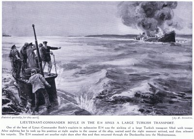 Lieutenant Commander Boyle in the E14 Sinks a Large Turkish Transport 1915 by Margaret Dovaston