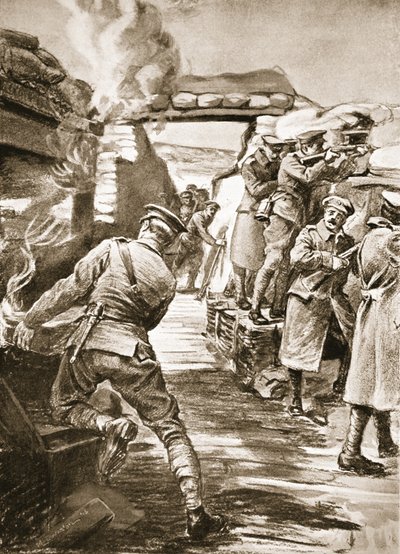 Private Callf pulling a box of ammunition out of a bomb store set alight by the bursting of a shell by Margaret Dovaston