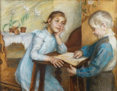 An Interior with a Boy Reading to a Girl by Maria Wiik