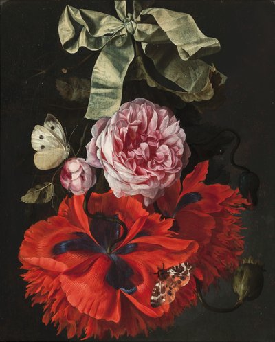 Roses and carnations hanging from a green ribbon with a moth and a butterfly by Maria van (studio of) Oosterwyck
