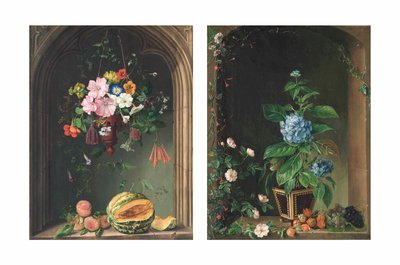 Nasturtiums, convolvulus, geraniums, petunias and other blooms in a ewer suspended under an arch over peaches and a melon; and Hydrangeas, roses, ivy, grapes and other blooms in an arch by Marie Auersperg