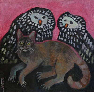 Whimsical Cat With Owls by Marina Gorkaeva