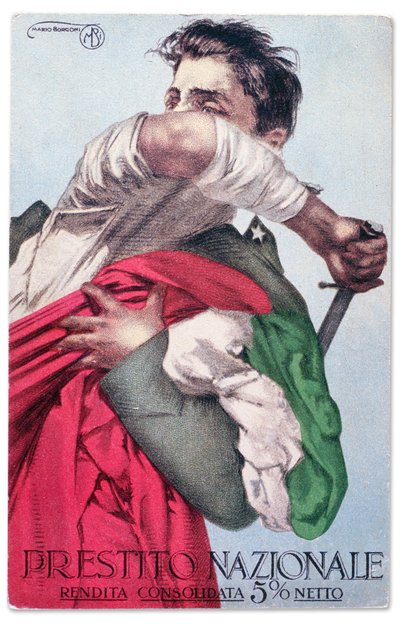 An Italian Soldier Defends the Tricolor with Drawn Sword. Propaganda Postal Card for the National Loan by Mario Borgoni