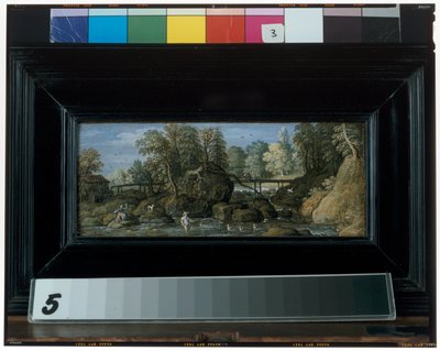 A Landscape with a Watermill, a Bridge Crossing a River, and a Fisherman with a Net in the Foreground by Marten Ryckaert