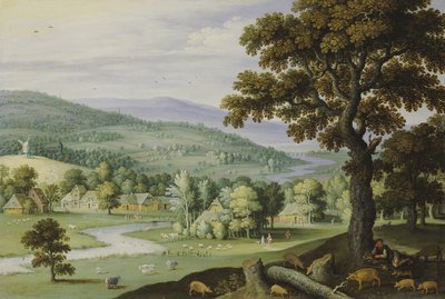 A River Valley with a Swineherd Resting Under a Tree in the Foreground, a Hamlet Beyond by Marten Ryckaert
