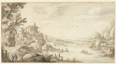 Hilly Landscape with a Round Chapel by the Banks of a River by Marten de Cock