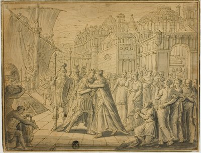 Dido and Aeneas Embracing Before Gates of Carthage by Marten de Vos