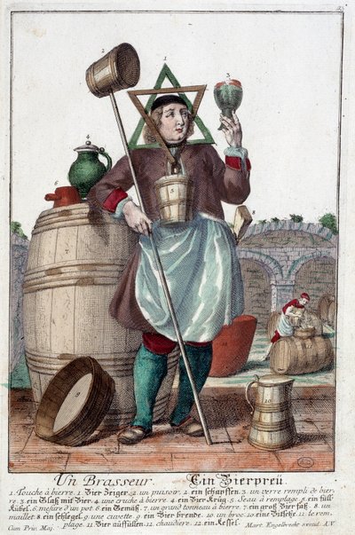 Representation of a Brewer with a Fountain, a Glass, a Jug, a Bucket, a Barrel, a Mallet, a Bowl, a Broc, a Boiler. Engraving by Martin Engelbrecht by Martin Engelbrecht