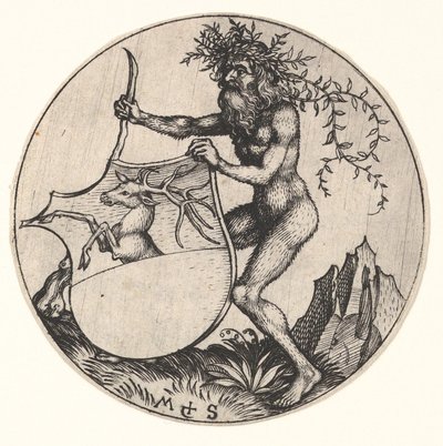 Shield with Stag Held by Wild Man by Martin Schongauer