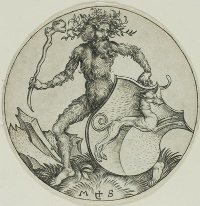 Shield with a Greyhound, Held by a Wild Man by Martin Schongauer