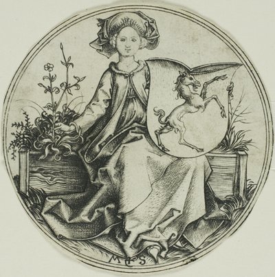 Shield with a Unicorn, Held by a Lady by Martin Schongauer