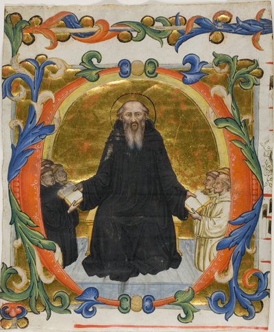 Saint Benedict Presenting his Rule to Benedictine and Cistercian Monks in a Historiated Initial 