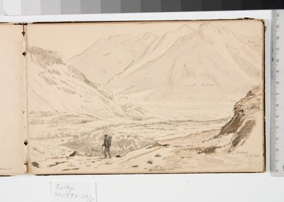 Mountain Landscape with Three Men Resting in the Grass and Two Women Using a Chopping Board by Martinus Rørbye