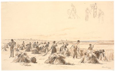 Harvest Workers in the Field. In the Background, Mills and the Sea by Martinus Rørbye