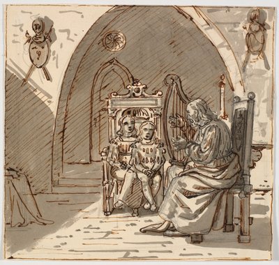 "Gothic" Scene. A Bard Playing Harp for Two Children in a Throne Chair by Martinus Rørbye