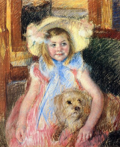 Sara in a Large Flowered Hat, Looking Right, Holding Her Dog, c.1901 by Mary Cassatt