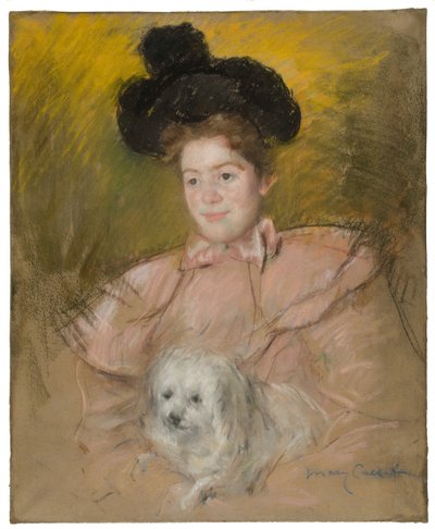 Woman in Raspberry Costume Holding a Dog by Mary Cassatt