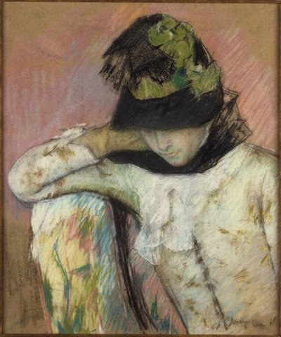 Young Woman in a Black and Green Bonnet, Looking Down by Mary Cassatt