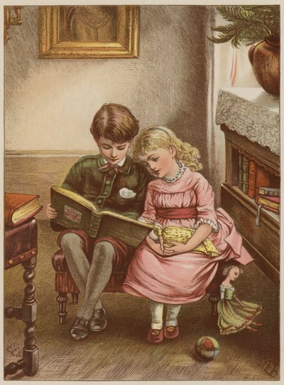 Boy and girl reading book by Mary Ellen Edwards