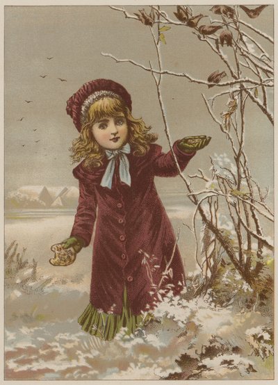 Girl taking bread to feed birds in the snow by Mary Ellen Edwards