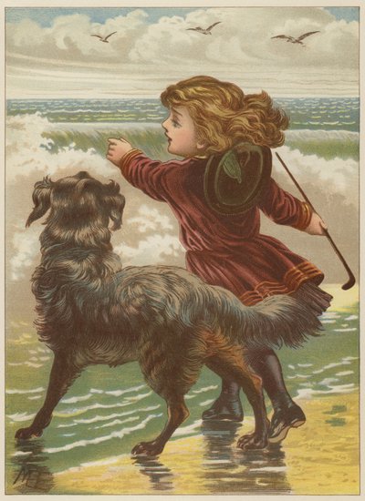 Girl with dog on beach by Mary Ellen Edwards
