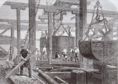 View of construction work taking place at Blackfriars Bridge for the London, Chatham and Dover Railway showing the sinking of a cylinder for one of the circular stone piers by Mason Jackson