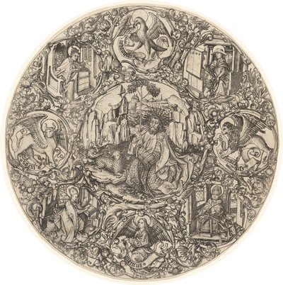 Saint John the Baptist in the Wilderness with the Lamb of God, Surrounded by the Symbols of the Evangelists and the Four Fathers of the Church by Master E.S.