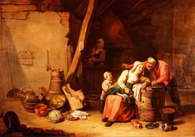 A Barn with a Peasant Rousing an Old Lady by Master of Beguins