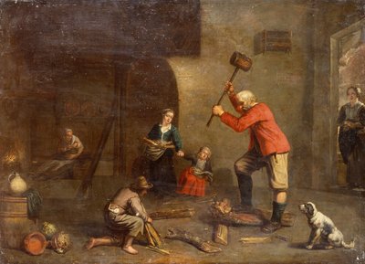A Kitchen with an Old Man Cutting Wood by Master of Beguins