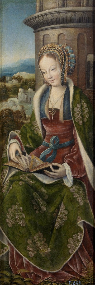 Triptych of the Holy Family with Music Making Angels. Right panel: Saint Barbara by Master of Frankfurt
