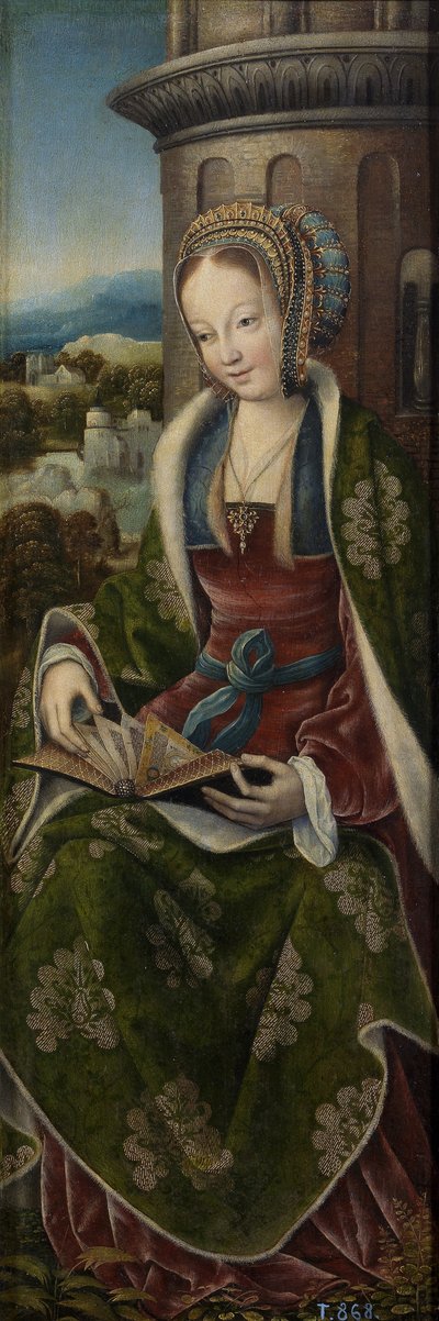 Triptych of the Holy Family with Music Making Angels. Right Panel: Saint Barbara, ca 1510-1520 by Master of Frankfurt