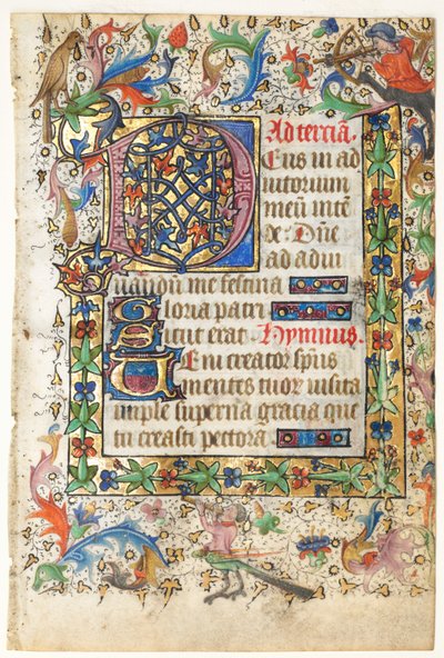 Leaf from a Book of Hours: Decorated Initial D with Foliated Border (Opening of Terce: Hours of the Holy Spirit) by Master of Guillebert de Mets