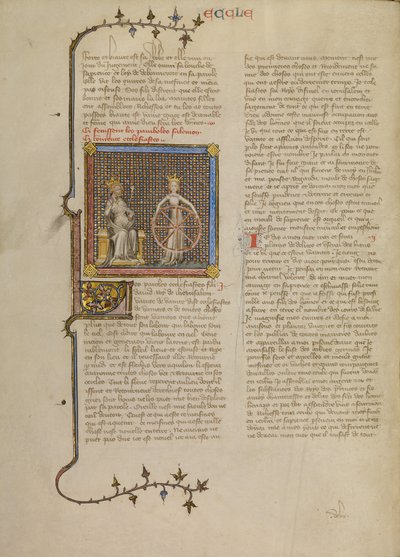 Solomon with a Crowned Female Figure Holding a Wheel Illustrating the Turning of the Seasons by Master of Jean de Mandeville