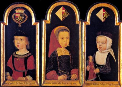 Archduke Charles, the later Holy Roman Emperor Charles V, with his sisters Eleanor and Isabella at the age of 2 years, 1502 by Master of St.Georgsgilde