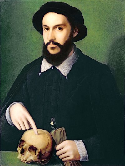 Portrait of a Gentleman with his Right Hand Pointing to a Skull, c.1540 by Master of the 1540s