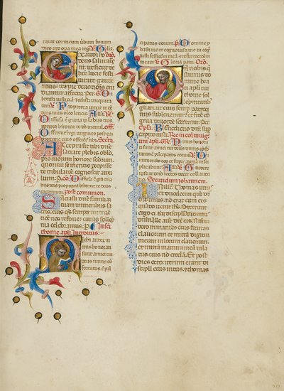 Initial E: Saint Lucy; Initial M: Saint Thomas; Initial D: Saint Thomas Preaching by Master of the Brussels Initials