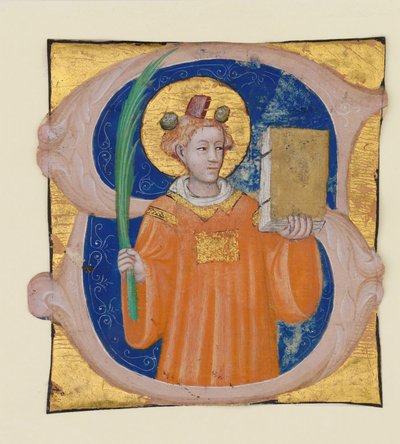 Manuscript Illumination with Saint Stephen in an Initial S, from an Antiphonary, Italian, ca. 1410-1412 by Master of the Brussels Initials